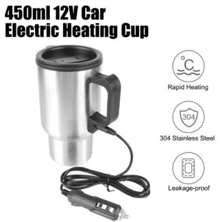 Camping Travel Kettle Electric Heating Car Kettle Stainless Steel Water Coffee Milk Thermal Mug Vehicle Heating Cup 12V 450ml