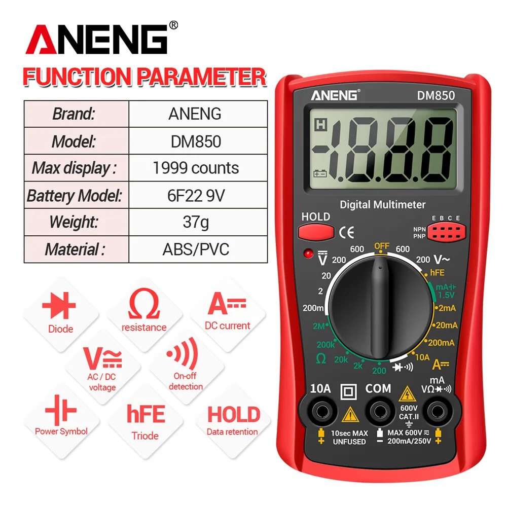 ANENG DM850 Digital Multimeter Automatic Professional 1999 Counts Auto AC/DC Votage Tester Ohm Current Ammeter Detector Tool - Image 6