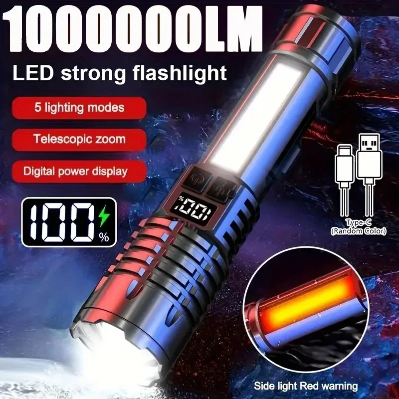 High Power LED Flashlight Powerful TYPE-C Rechargeable COB Flashlight With Side Light Torch For Outdoor Camping Hiking