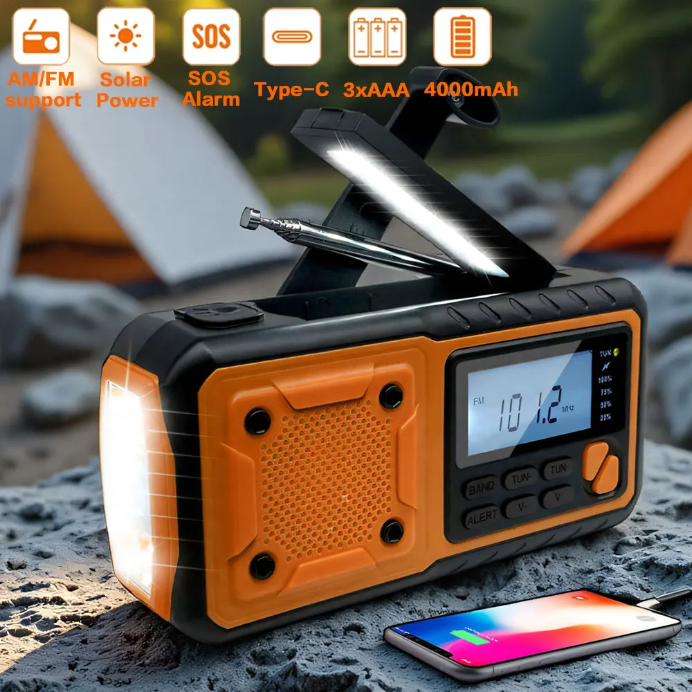 4000mAh Portable Emergency Solar Power Radio Hand Crank Charging AM/FM Weather Radio Led Reading Flashlight Bank Phone Charger