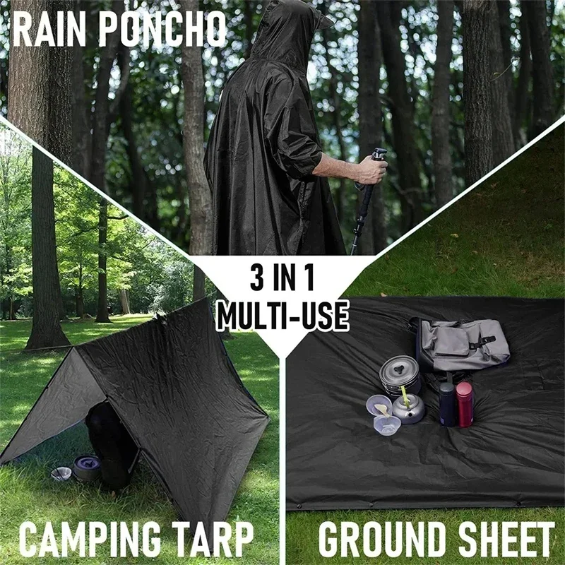 Outdoor 3 In 1 Military Raincoat Hooded Sleeve Waterproof Rain Poncho Motorcycle Rain Cover Camping Hiking Travel Rainwear Tent - Image 2