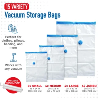 Vacuum Storage Bags, 15-Pack Space Saver Vacuum Storage Bags, Vacuum Seal Bags for Clothing, Clothes, Comforters and Blankets