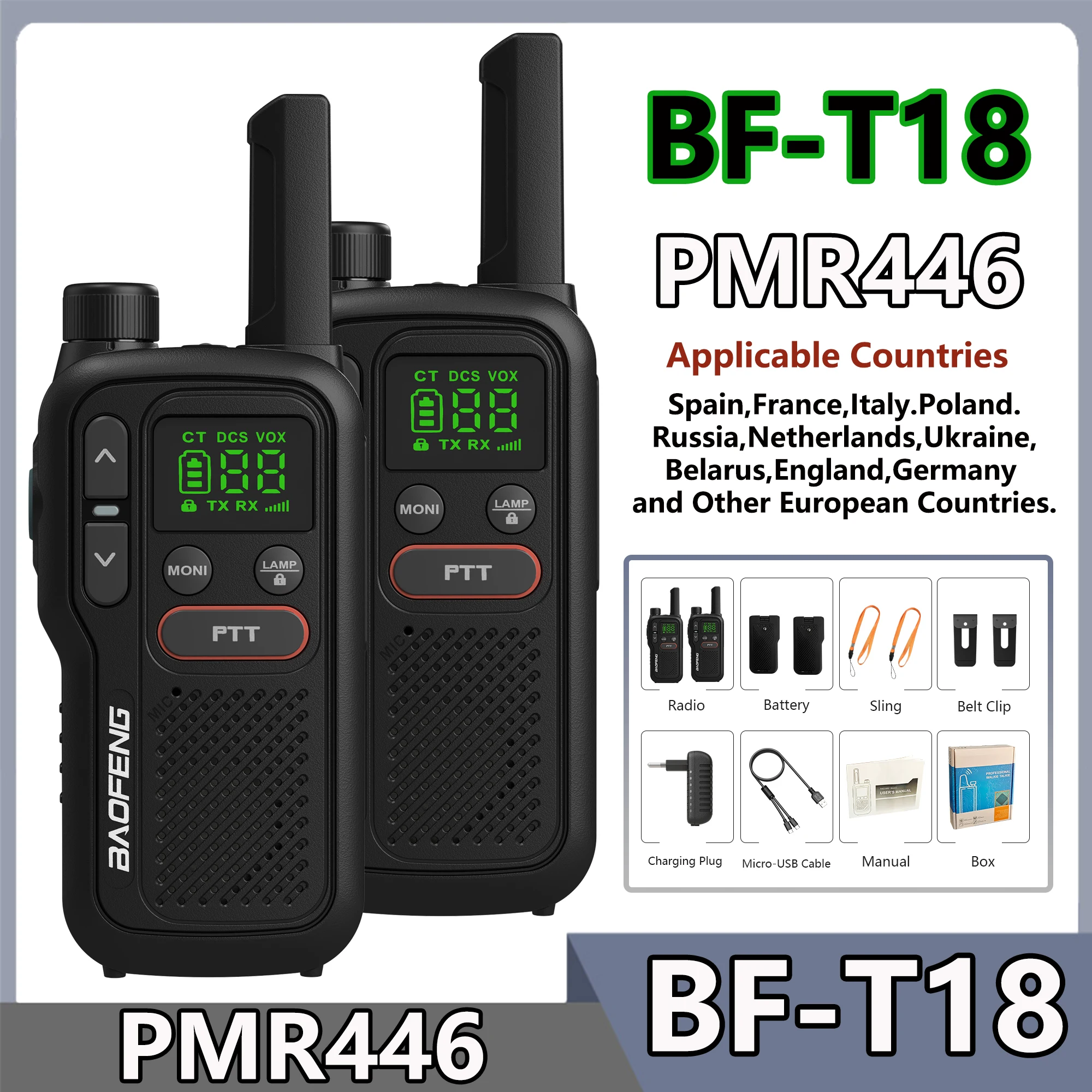 Baofeng BF-T18 PMR446 Walkie Talkie Type-C Charge European 446MHz 16 Channels Long Range Upgraded BF-T20 Mini Two Way Ham Radios