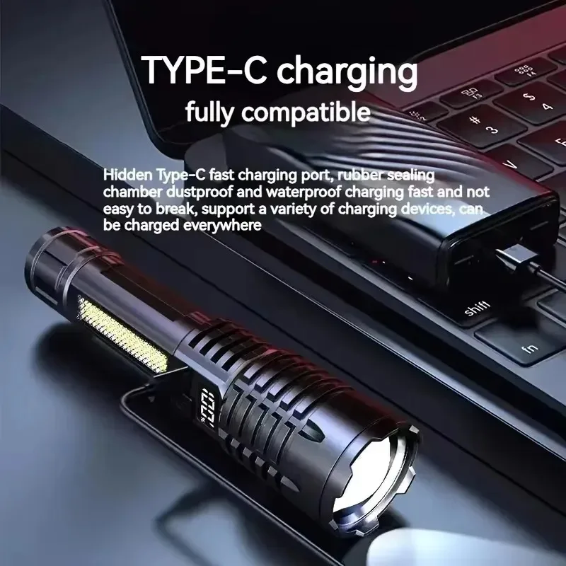 High Power LED Flashlight Powerful TYPE-C Rechargeable COB Flashlight With Side Light Torch For Outdoor Camping Hiking - Image 5