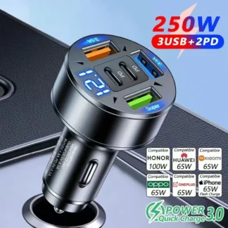 250W 5-in-1 PD QC3.0 Car Charger Fast Charging USB C for IPhone,Samsung Galaxy, IPad Pro, Multi-Port Cigarette Lighter Adapter