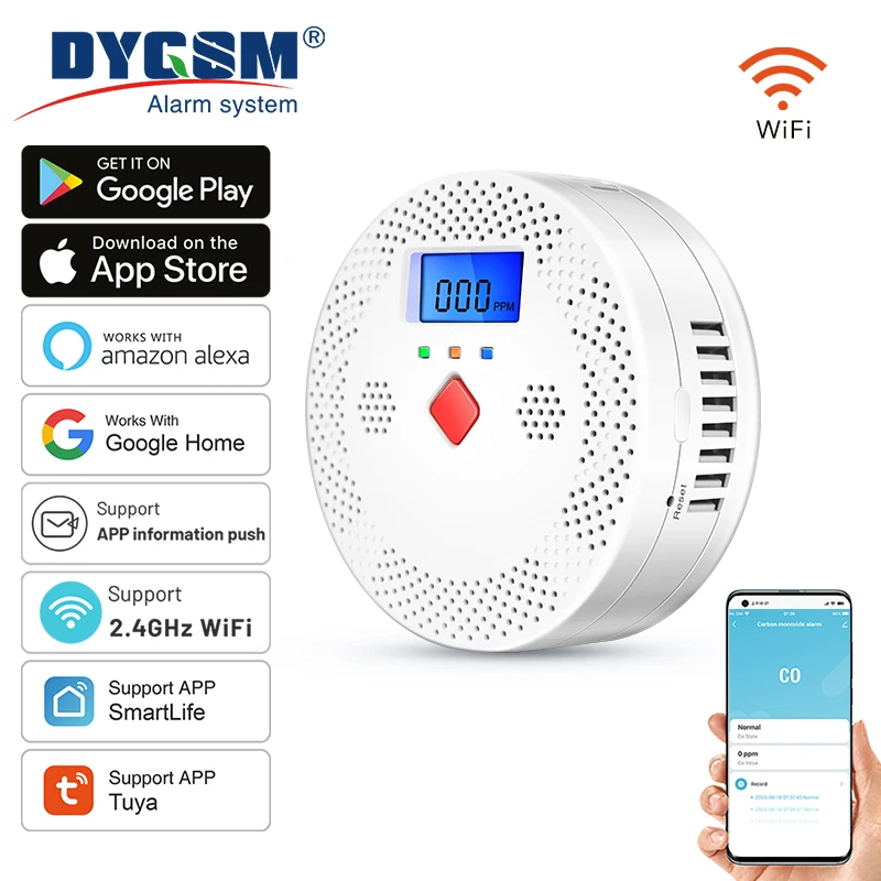 Tuya WiFi Smart Carbon Monoxide Detector Alarm 85dB Sound Warning LCD Digital Display Home Indoor Real-Time CO Monitor Poisoning