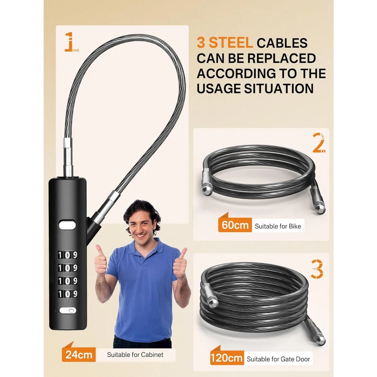 3Pcs Set 4Digit Combination Cable Lock Zinc Alloy & Hardened Steel Multi-Use for Bikes Cabinets, Wardrobes Fences Lock for Bike - Image 3