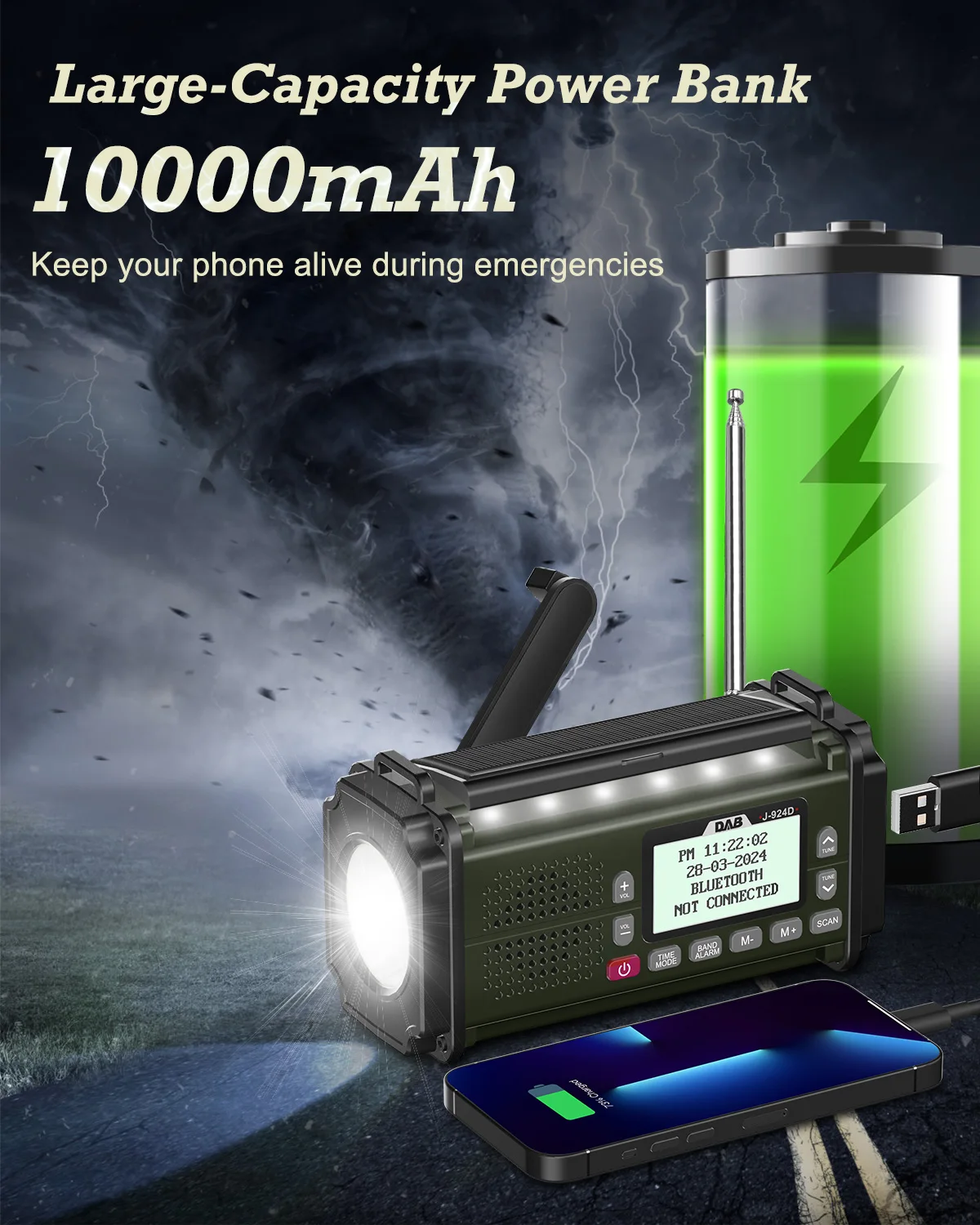 DAB+ Radios FM Bluetooth Speaker 10000mAh PowerBan Emergency Radio Portable Solar Radio Receiver Hand Crank USB-C Charging LED - Image 4