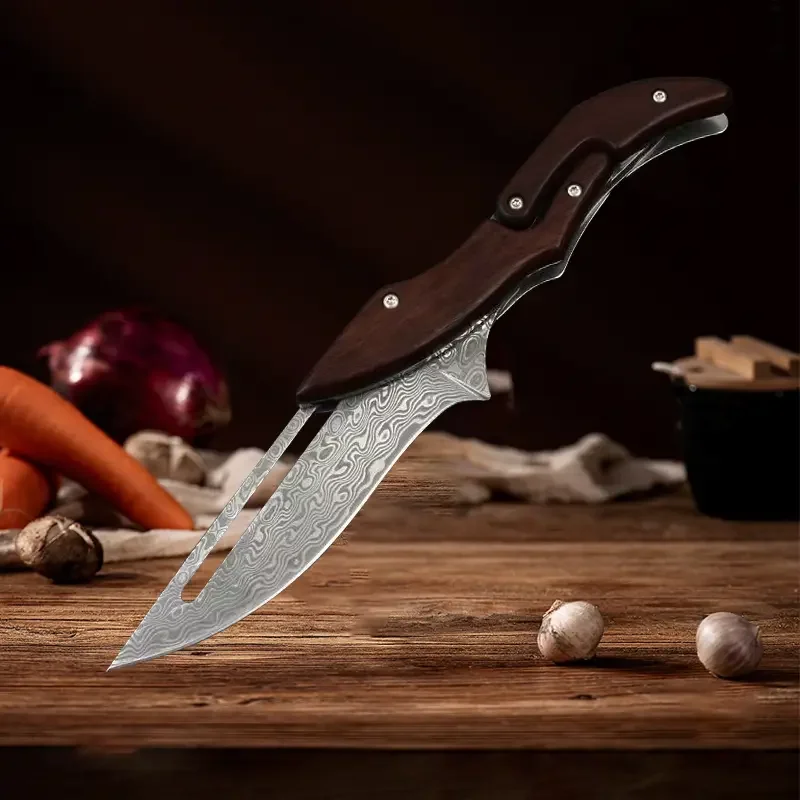 Kitchen knifes Damascus Steel Folding Knife with Wood Handle Mechanical Magic Pocket Knife Kitchen Meat Slicing Tool Unique Gift - Image 5