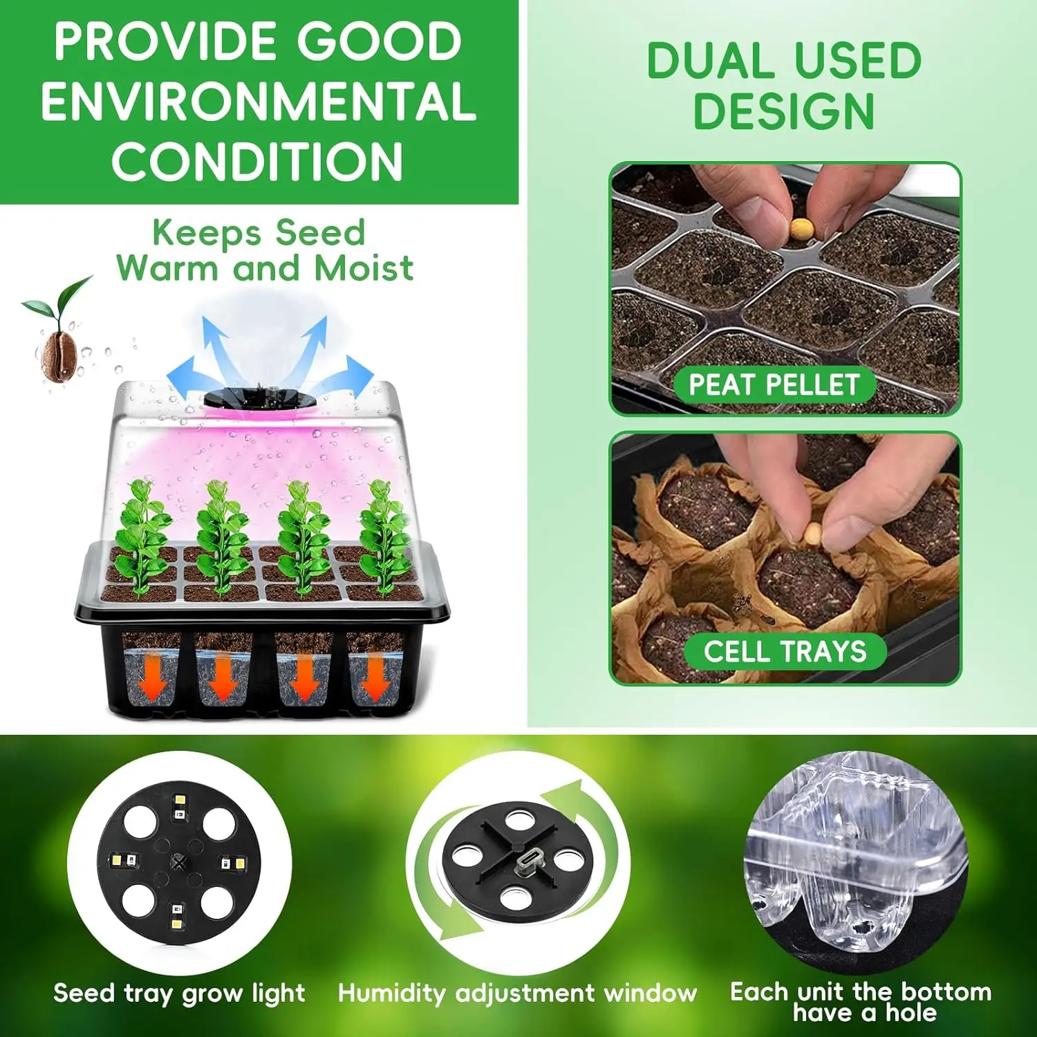 4/6 Packs Full Spectrum Seed Starter Tray with Plant Light Elevated Seedling Starter Trays With Humidity Domes Clear Cell Tray - Image 2