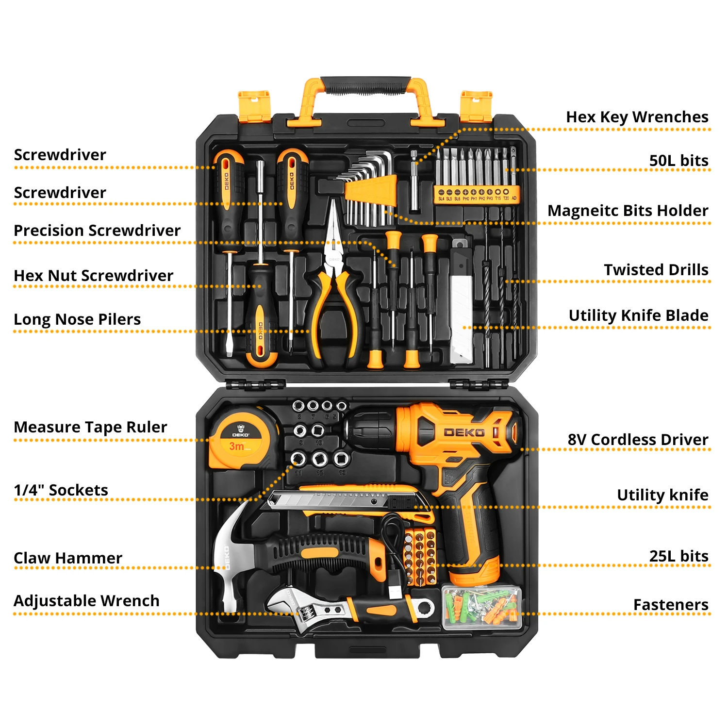 DEKO 126Pcs Power Tool Combo Kits with 8V Cordless Drill,10MM 3/8'' Keyless Chuck,Professional Home Household DIY Hand Tool Kits - Image 2