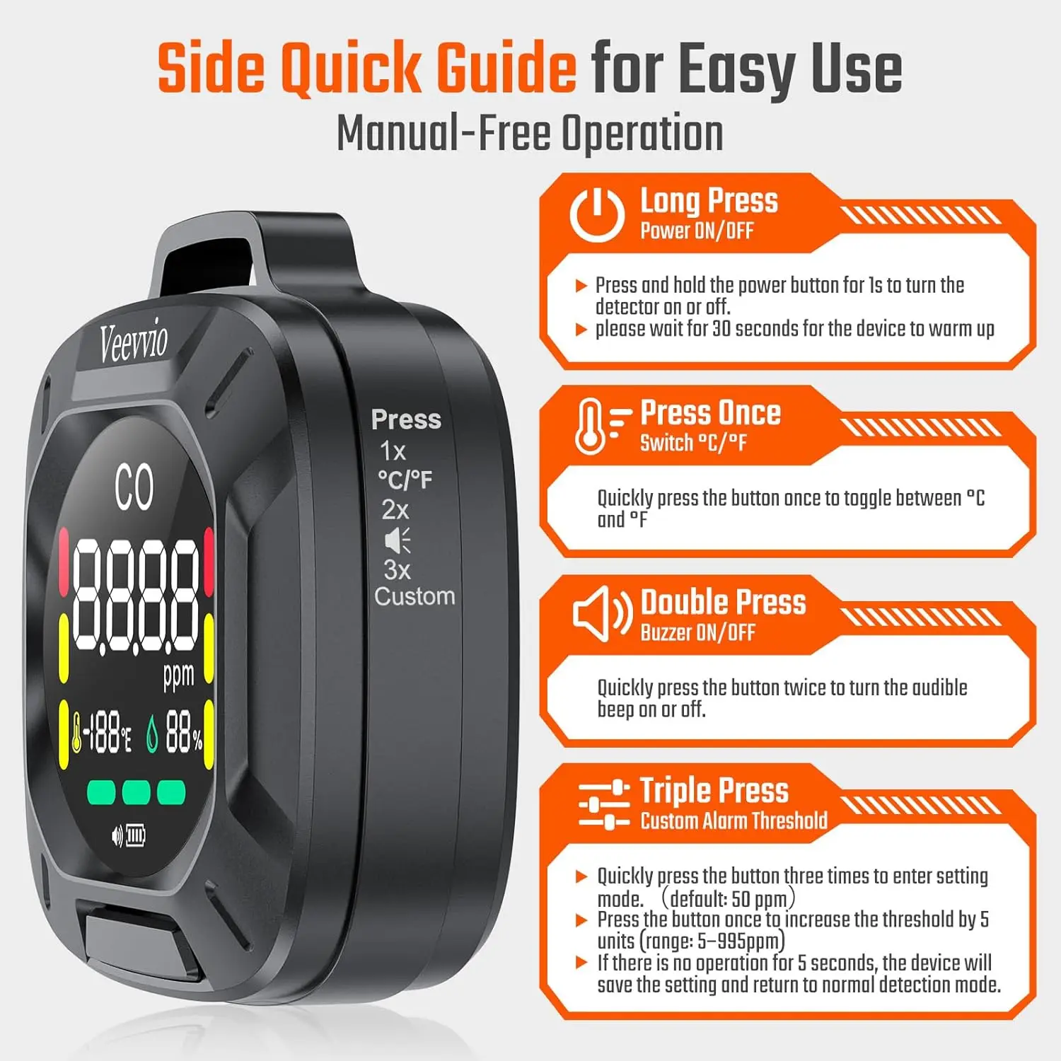 Custom Alarm 3-in-1 Portable Carbon Monoxide Detector, Rechargeable CO Monitor for Travel, Camping, RV, Hotel Room - Image 5