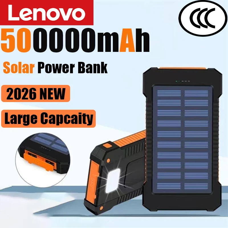 Lenovo 500000mAh Solar Power Bank Large Capacity Super Fast Charging Outdoor Portable External Battery for iPhone Huawei Samsung
