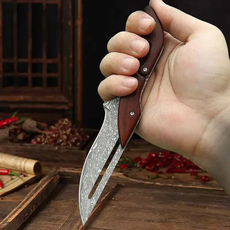 Kitchen knifes Damascus Steel Folding Knife with Wood Handle Mechanical Magic Pocket Knife Kitchen Meat Slicing Tool Unique Gift - Image 4