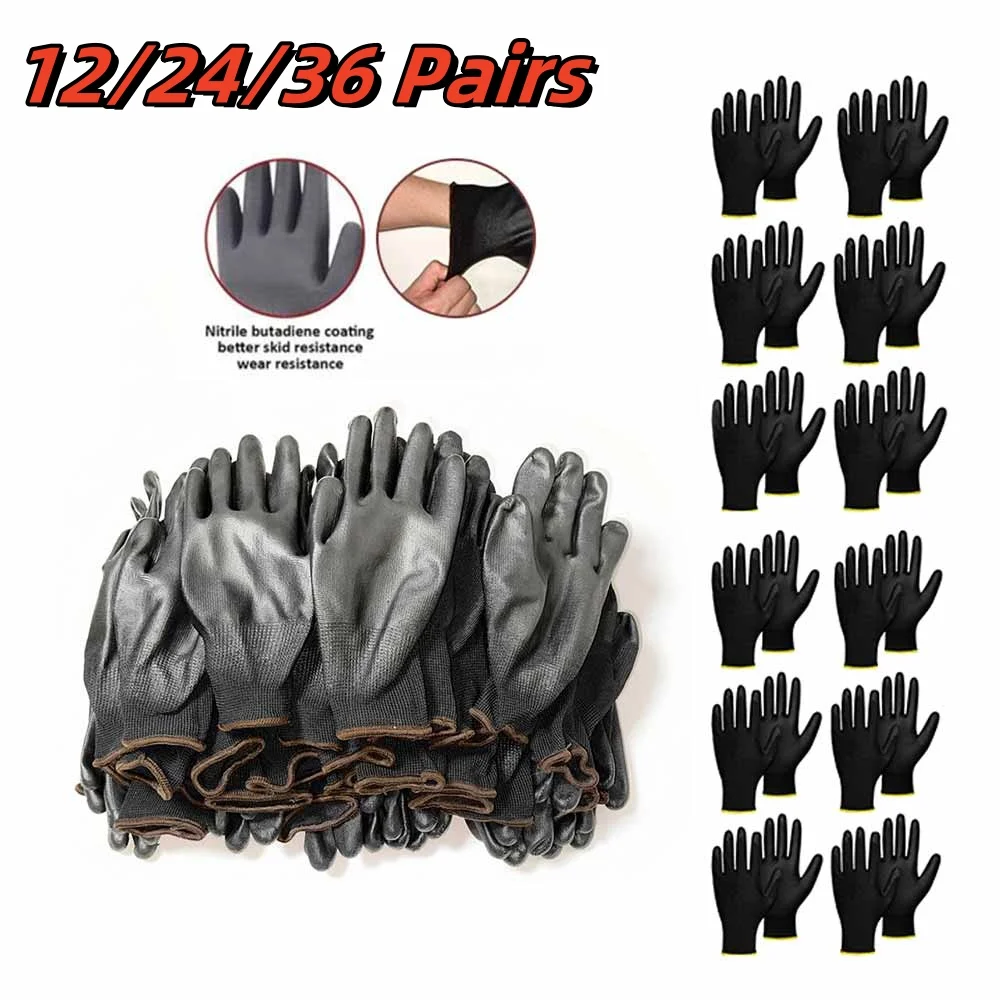 12/24/36 Pairs of Nitrile Safety Work Gloves PU Coated, Palm Coated Mechanical Work Gloves and PU Gloves, for Men and Women
