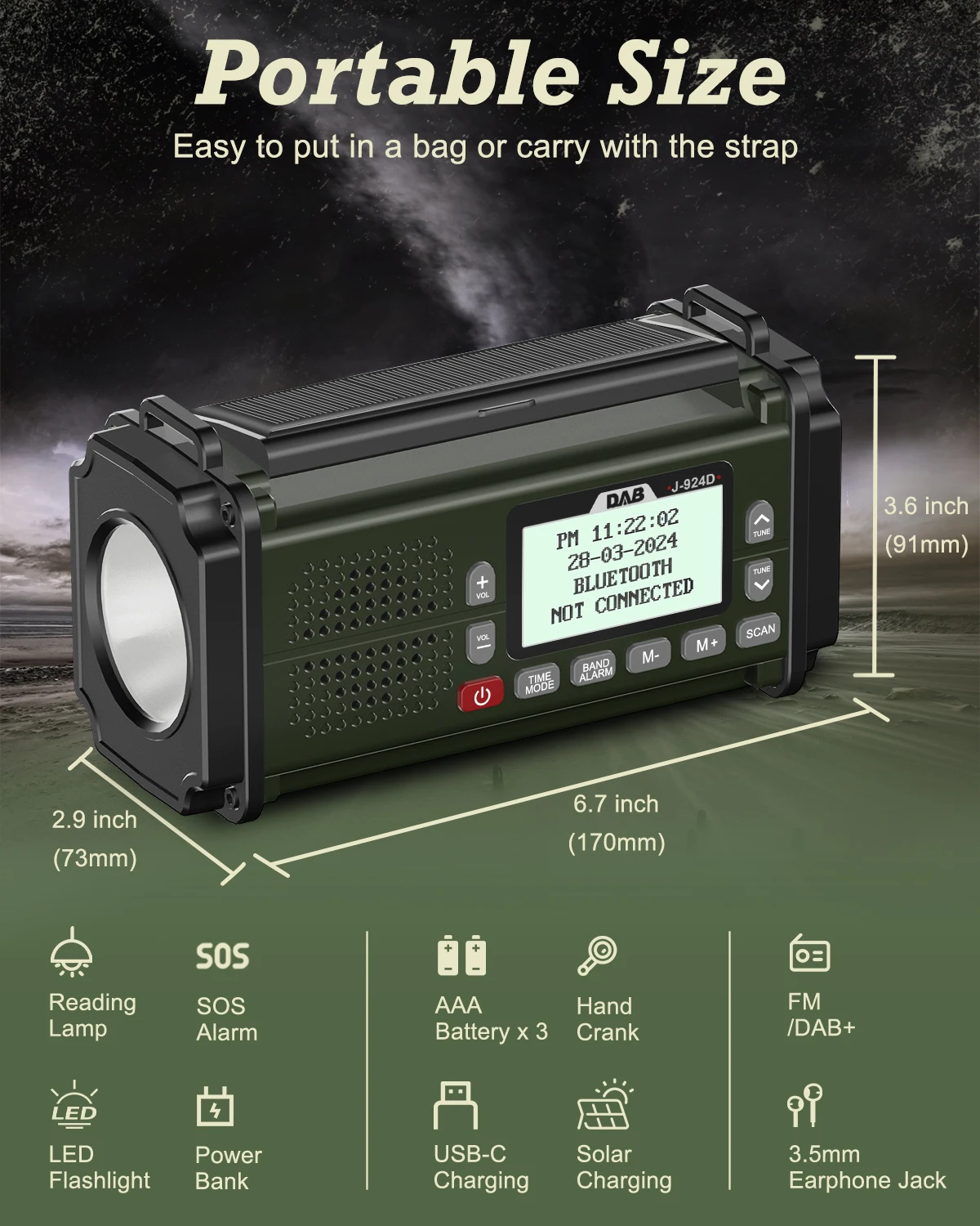 DAB+ Radios FM Bluetooth Speaker 10000mAh PowerBan Emergency Radio Portable Solar Radio Receiver Hand Crank USB-C Charging LED - Image 3