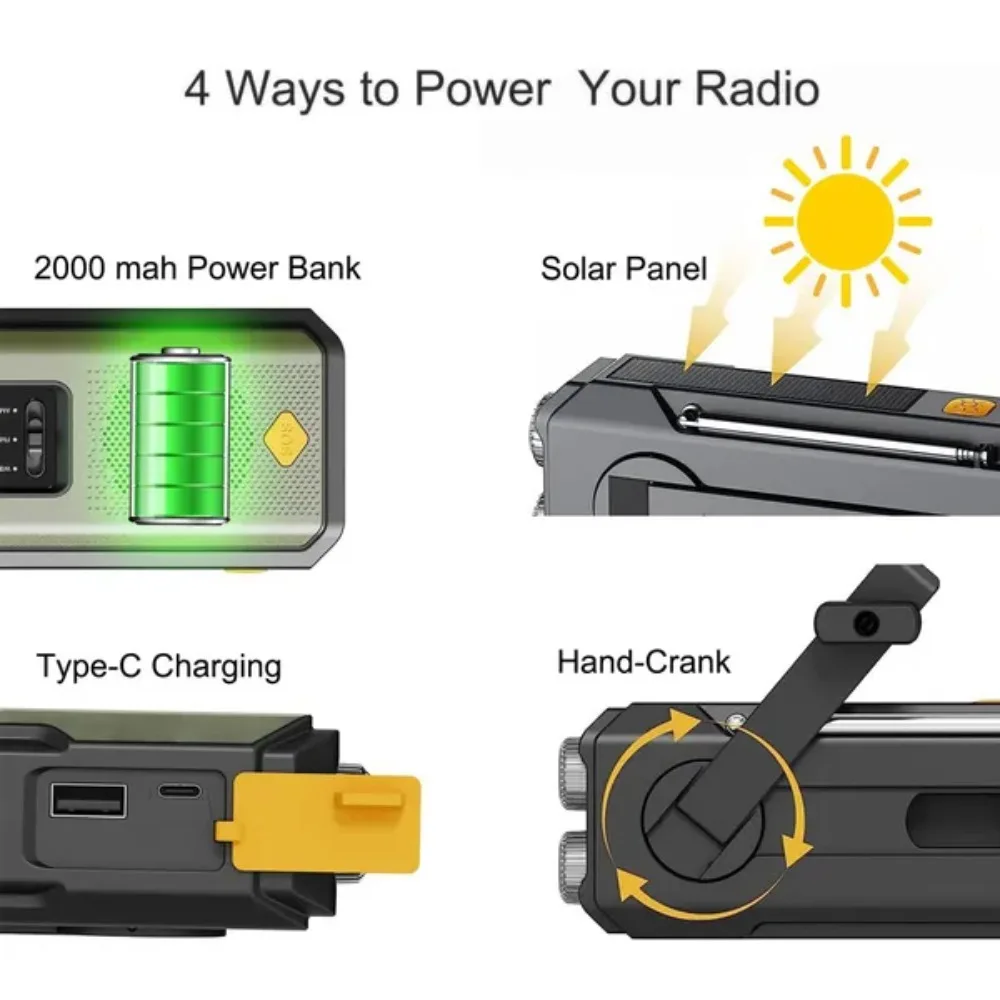 Weather Radio Emergency Multifunctional Radio FM AM WB Hand Crank Solar USB Charging 2000mAh Power Bank LED Flashlight Torch - Image 3