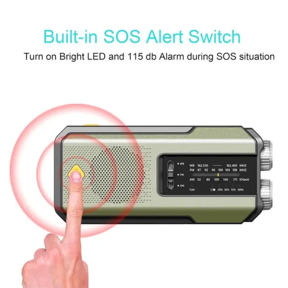 Weather Radio Emergency Multifunctional Radio FM AM WB Hand Crank Solar USB Charging 2000mAh Power Bank LED Flashlight Torch - Image 5