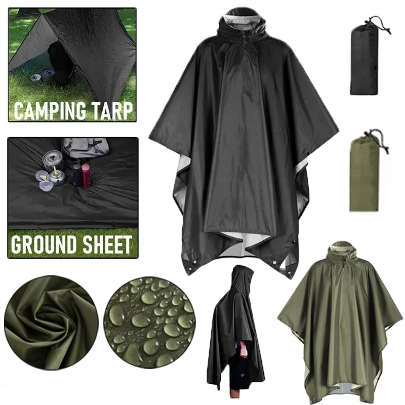Outdoor 3 In 1 Military Raincoat Hooded Sleeve Waterproof Rain Poncho Motorcycle Rain Cover Camping Hiking Travel Rainwear Tent