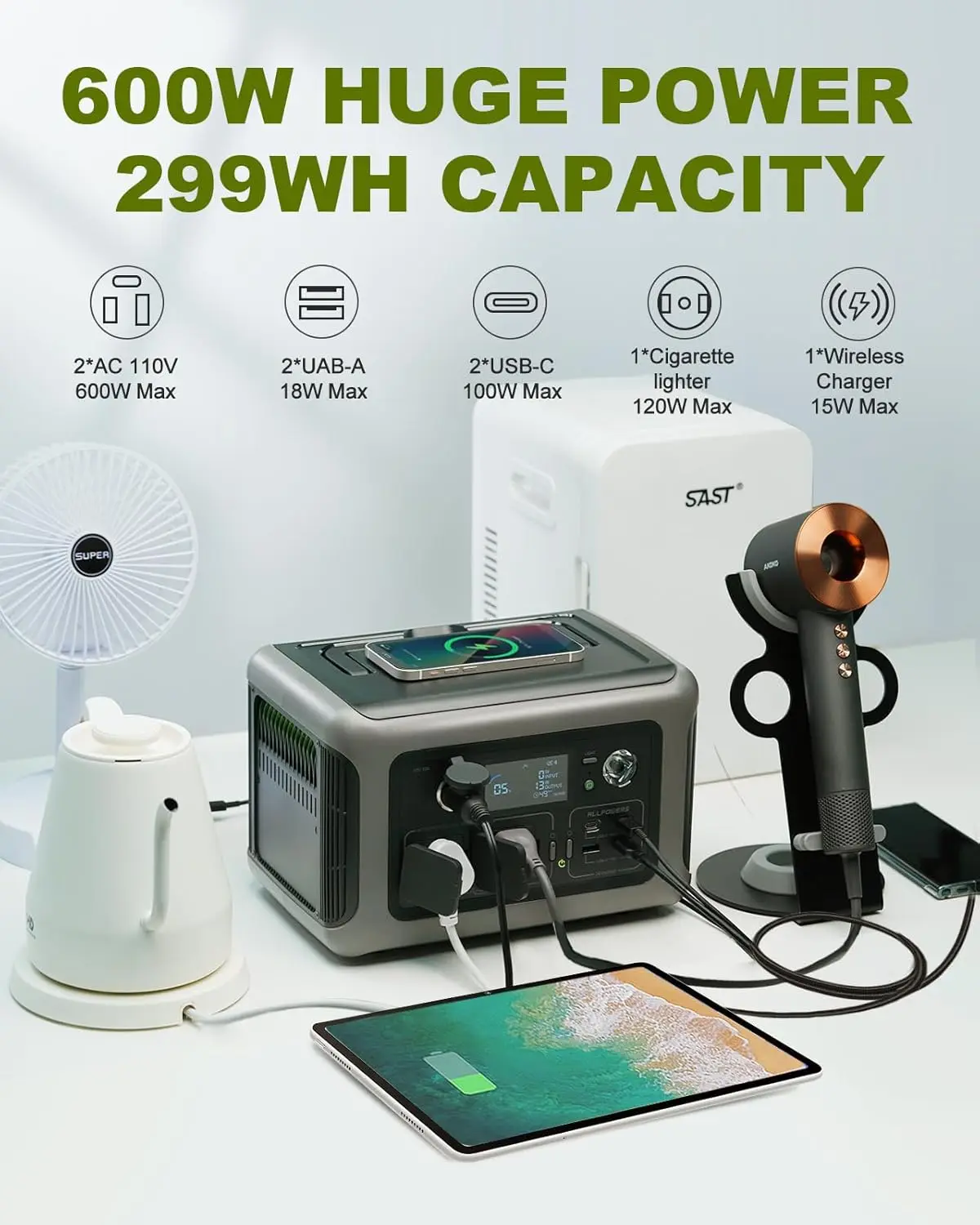 ALLPOWERS Portable Power Station R600, 299Wh LiFeP04 Battery with 2x 600W (1200W Surge) AC Outlets for Outdoor Camping RV Home - Image 4