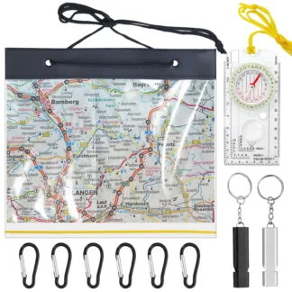 Waterproof Map Case - Transparent Holder w/ Compass, 6 Carabiners & 2 Whistles