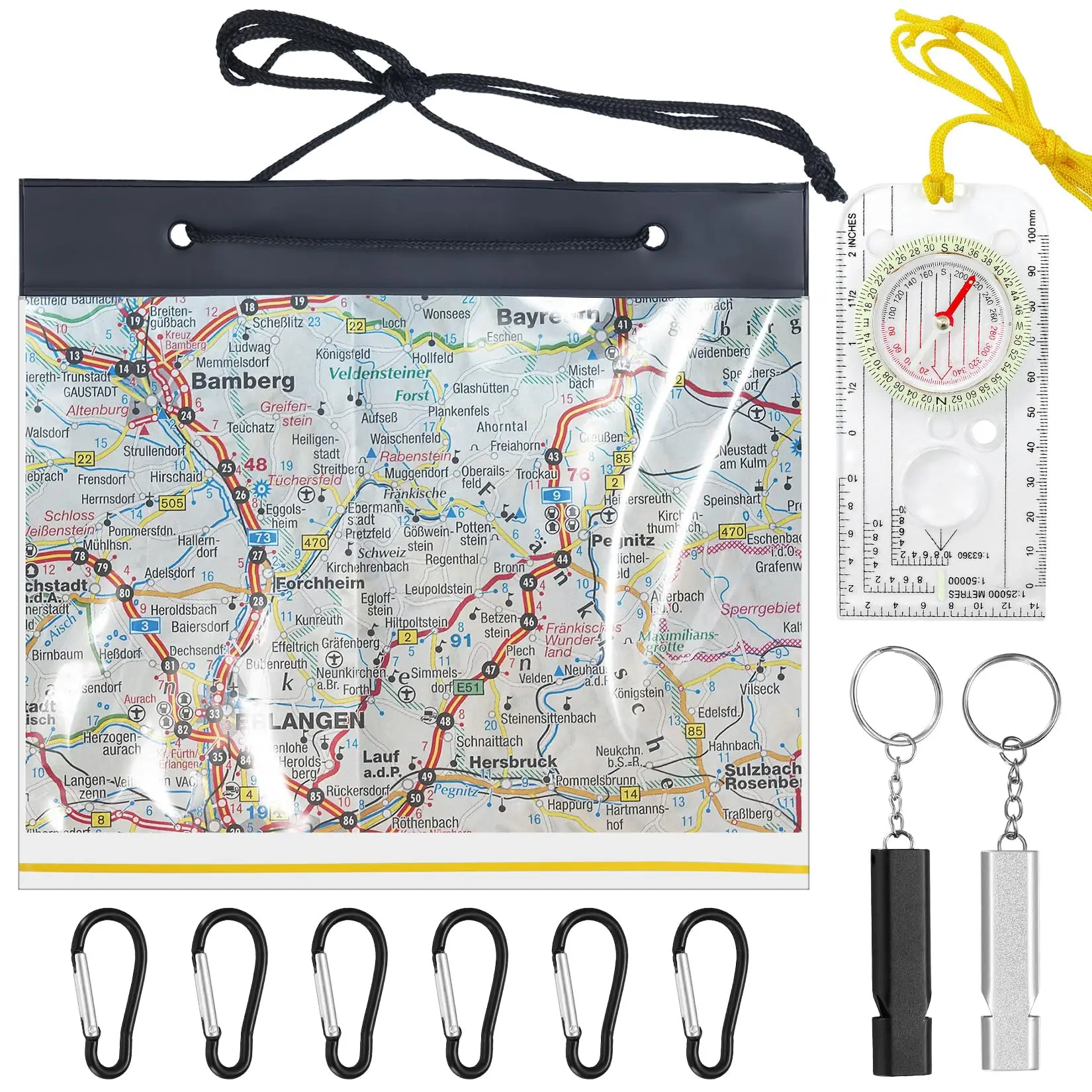 Waterproof Map Case - Transparent Holder w/ Compass, 6 Carabiners & 2 Whistles