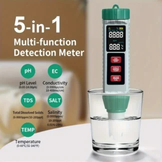 Portable 5-in-1 Water Quality Tester with High-Sensitivity Probe Measures TDS, EC, pH, Salt Temperature for Home Water Testing