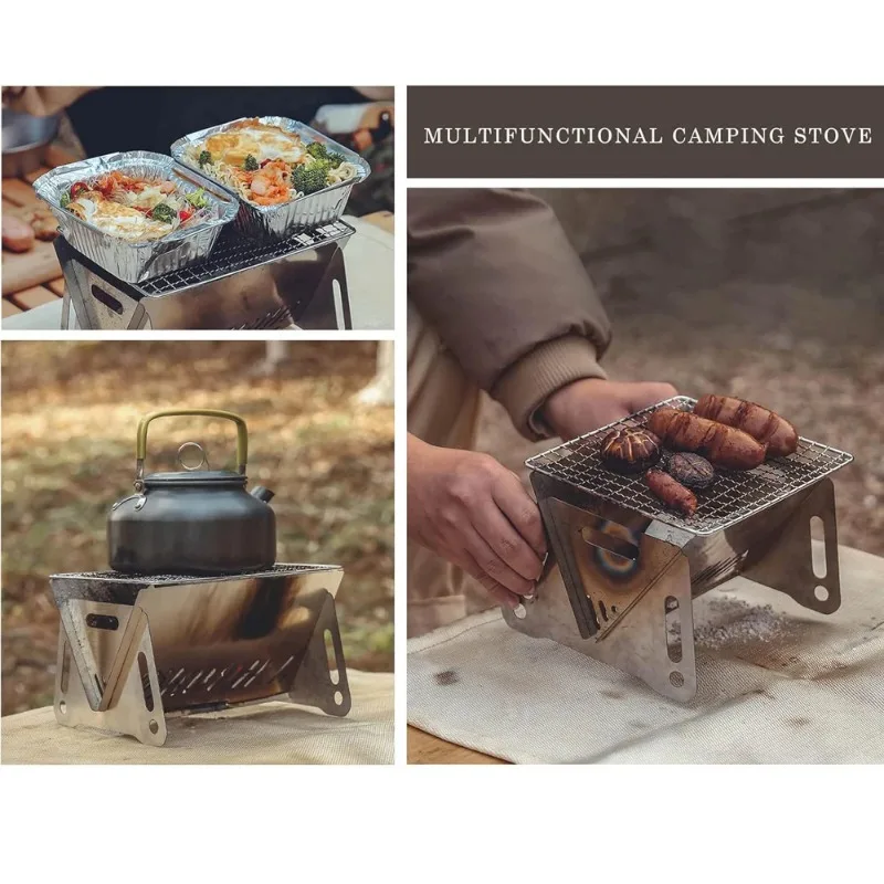 1 set Backpacking Stove Folding Stainless Steel Charcoal Grill BBQ Wood Burning Camp Stove Hiking Picnic Garden Backyard Cooking - Image 2