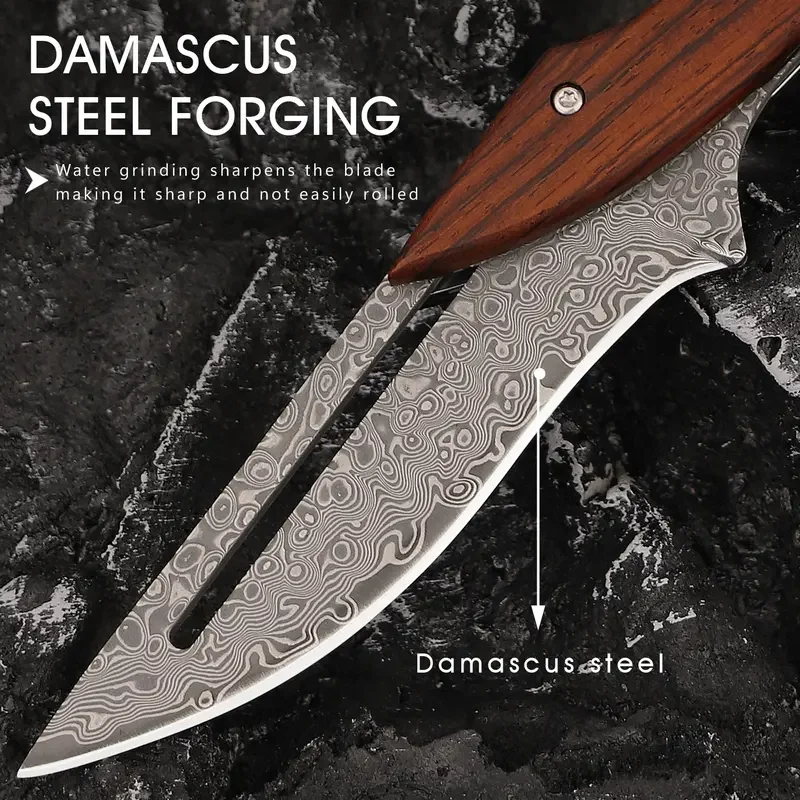 Kitchen knifes Damascus Steel Folding Knife with Wood Handle Mechanical Magic Pocket Knife Kitchen Meat Slicing Tool Unique Gift - Image 2