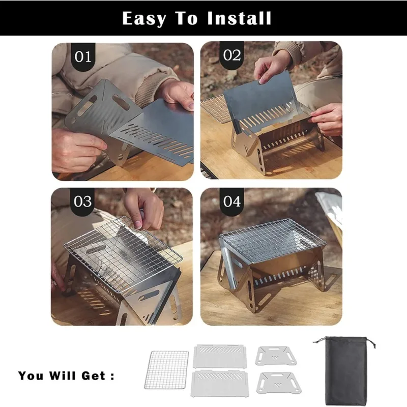 1 set Backpacking Stove Folding Stainless Steel Charcoal Grill BBQ Wood Burning Camp Stove Hiking Picnic Garden Backyard Cooking - Image 3